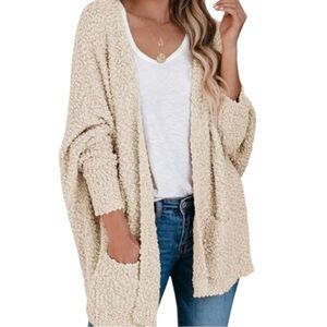 Umgee Cream Bouclé Open-Front Cardigan with Pockets